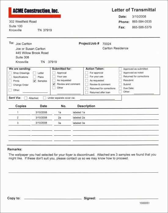 construction letter of transmittal template