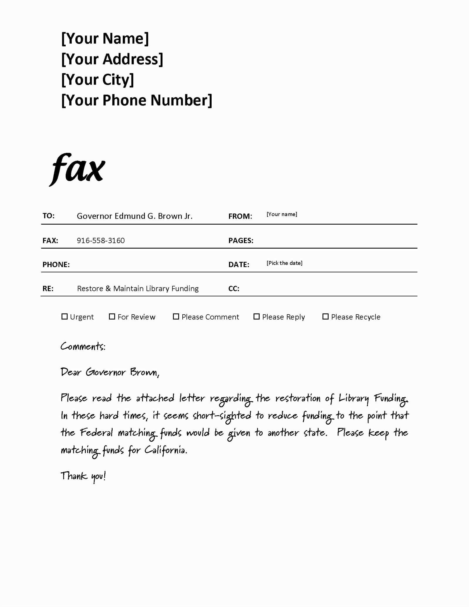 cover letter fax template