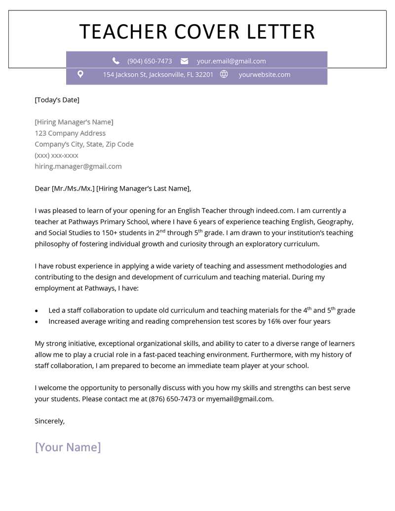 cover letter for teaching position template