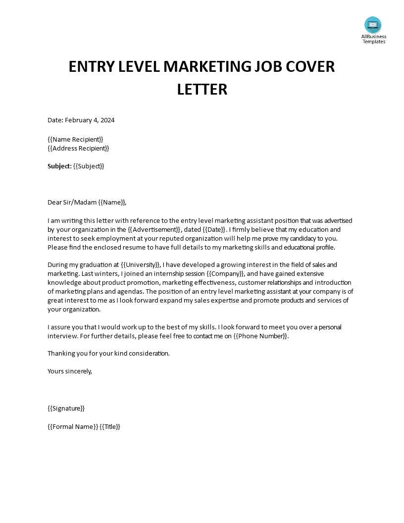 cover letter template for marketing job