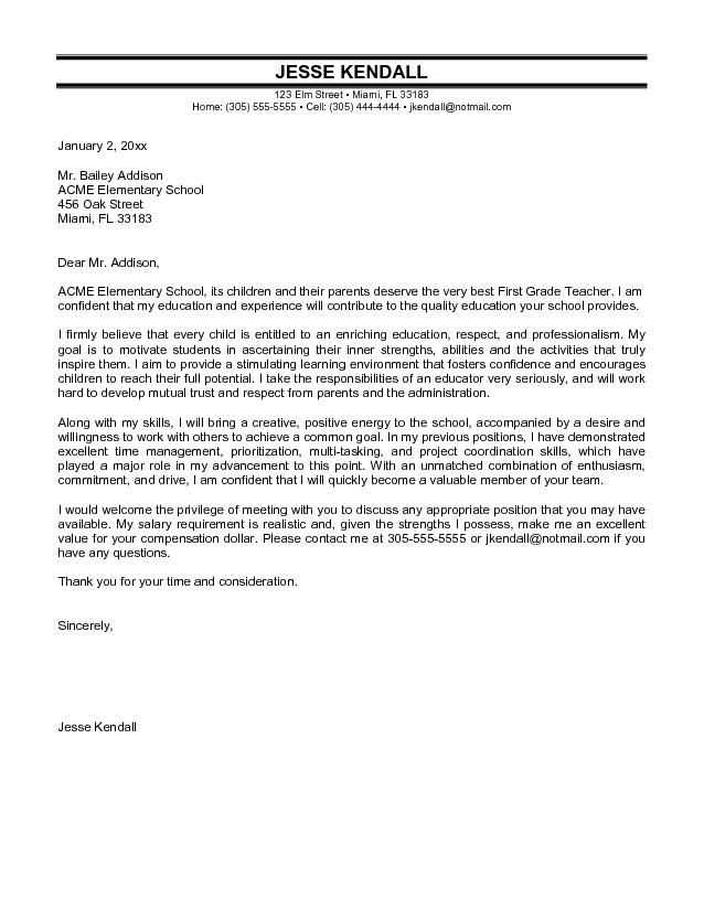 cover letter template for teacher