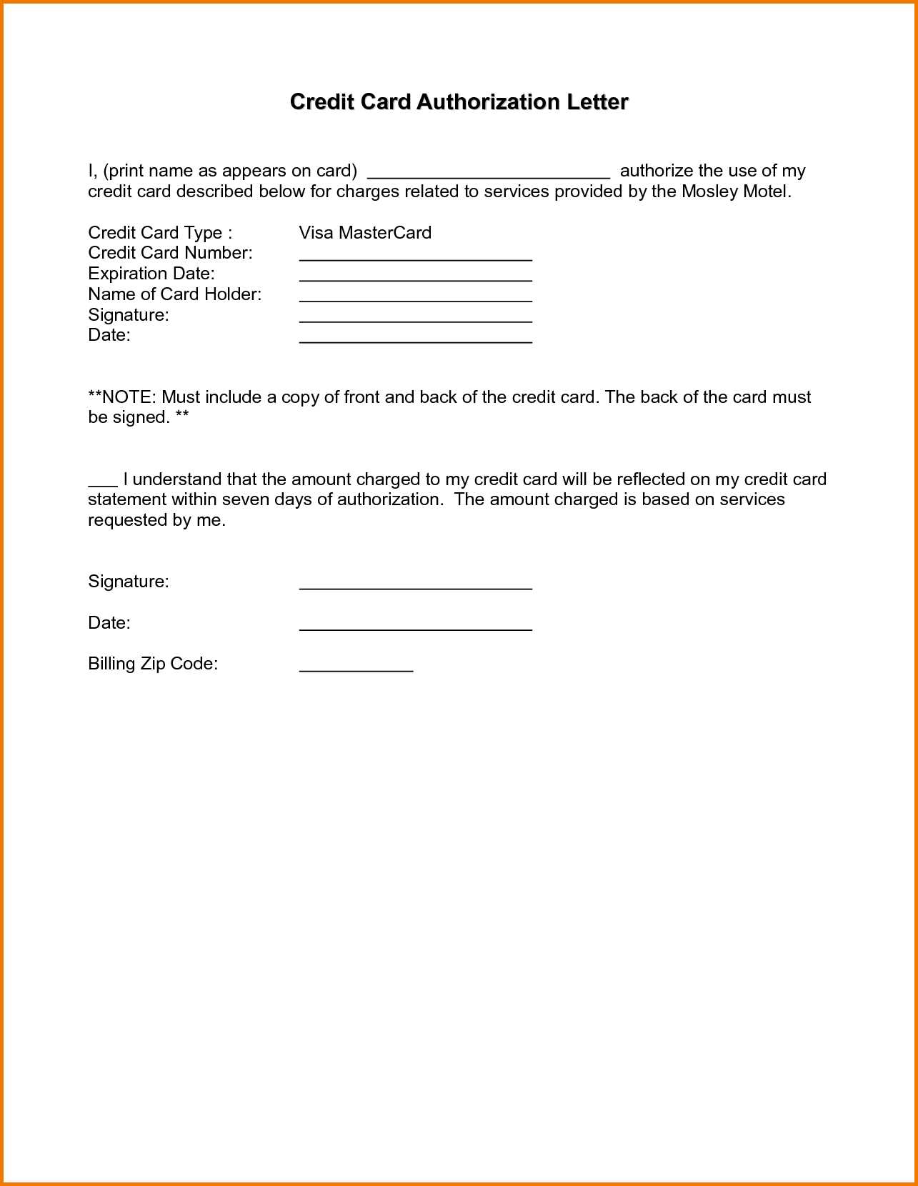 credit card letter of authorization template