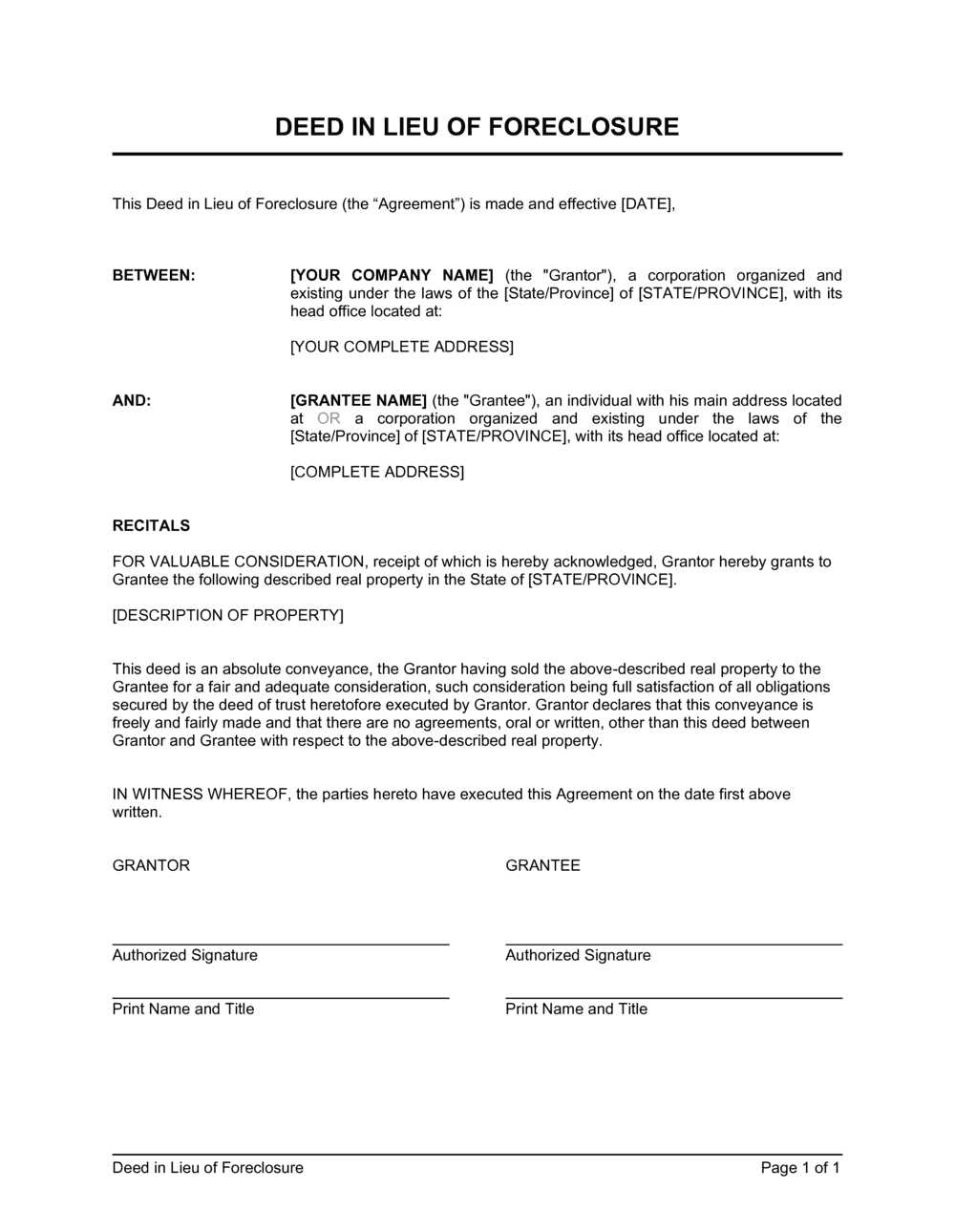 deed in lieu of foreclosure letter template