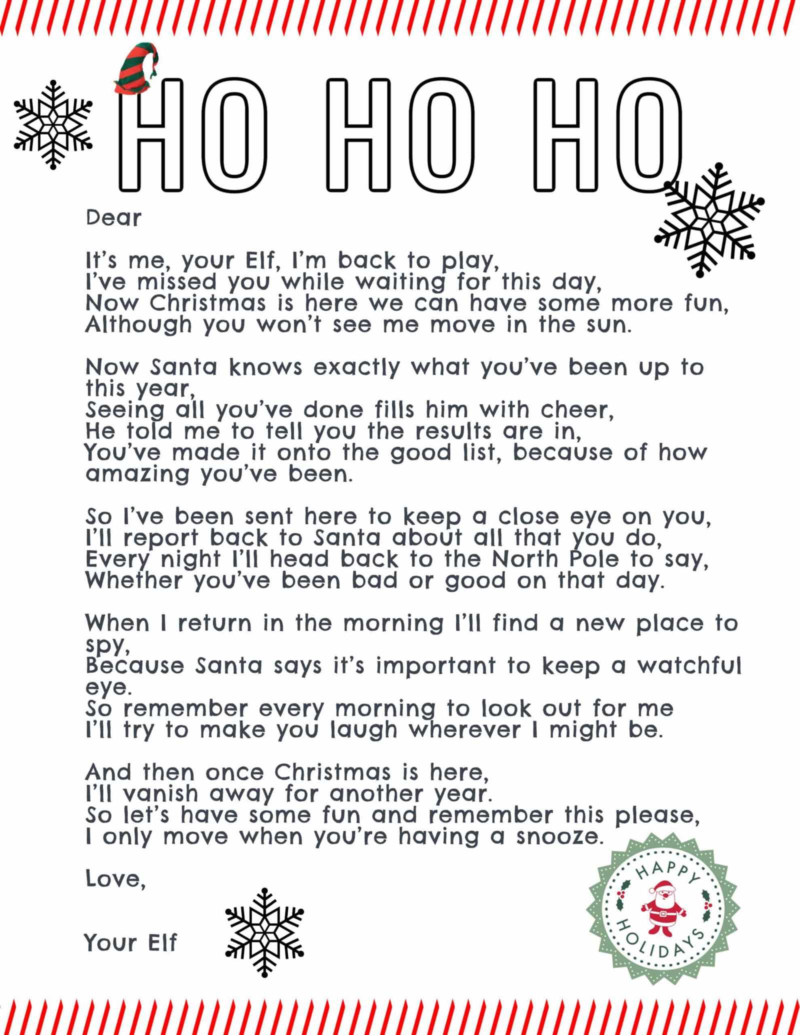 elf welcome back letter template free