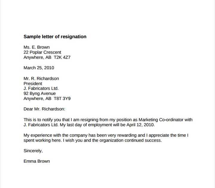 email template for resignation letter