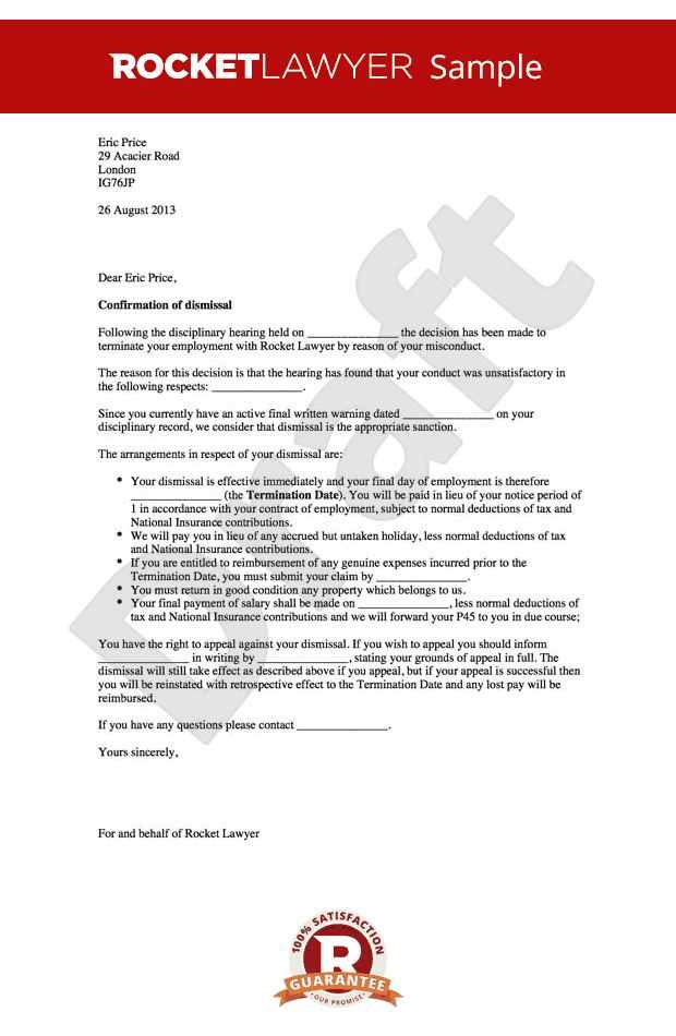 employee dismissal letter template