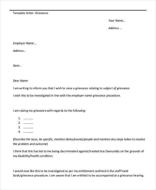 employee formal grievance letter template