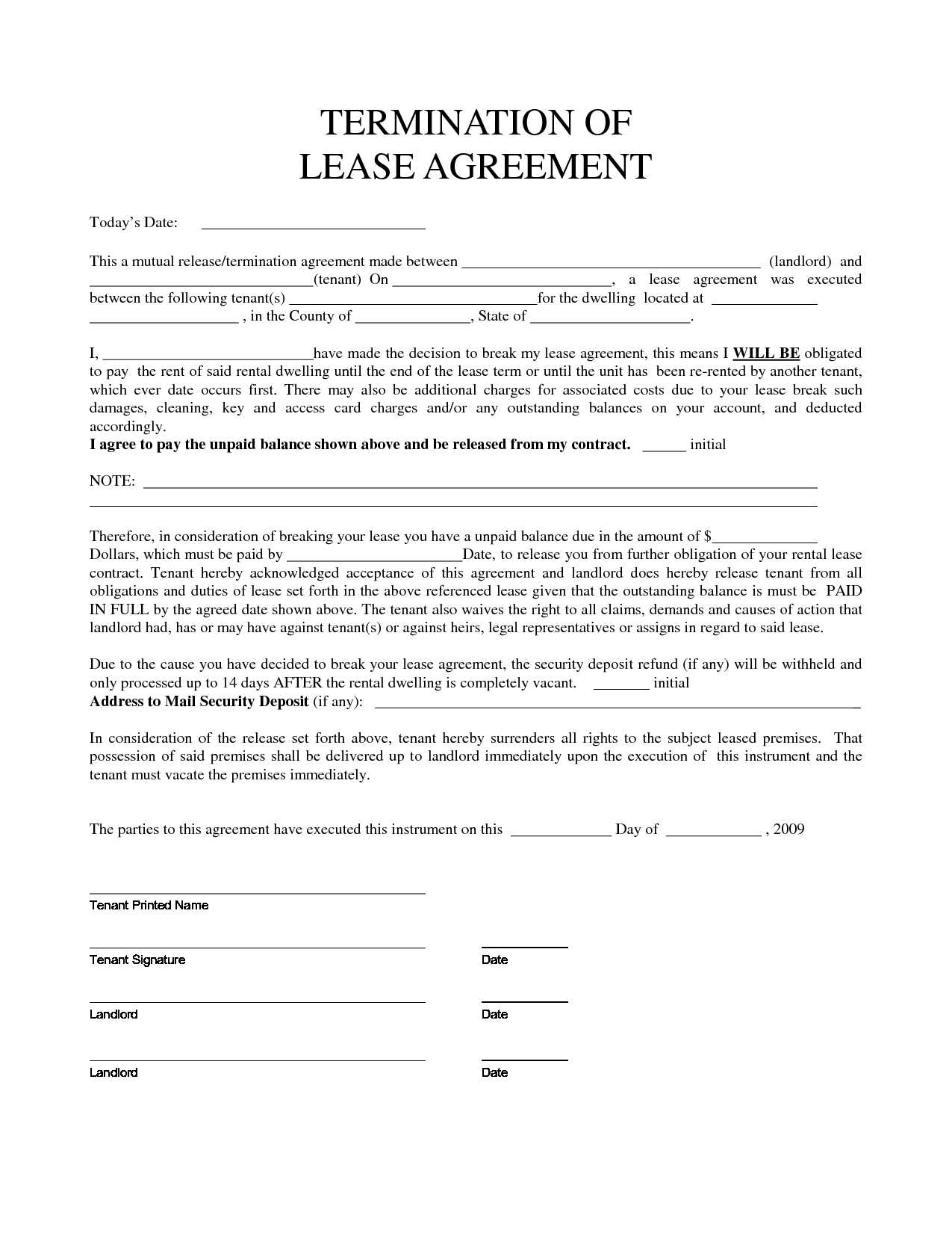 ending tenancy early letter template