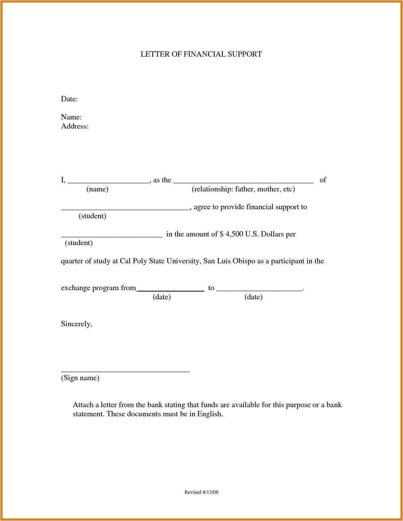 financial letter of support template