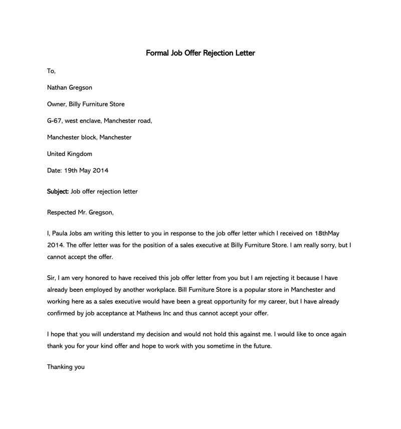 formal job offer letter template