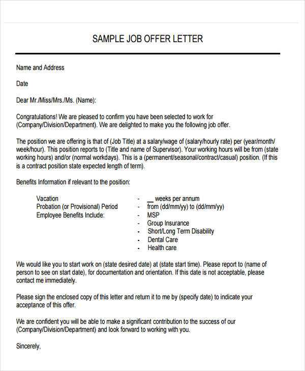 formal job offer letter template