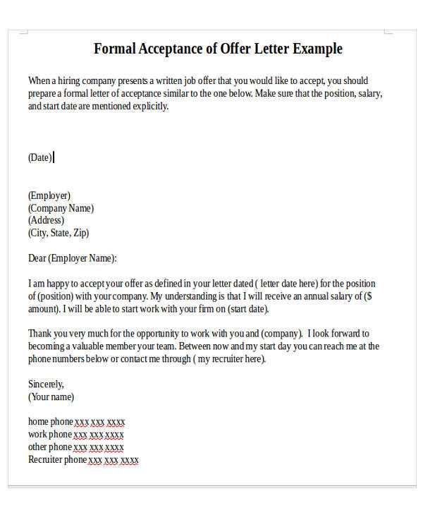 formal job offer letter template