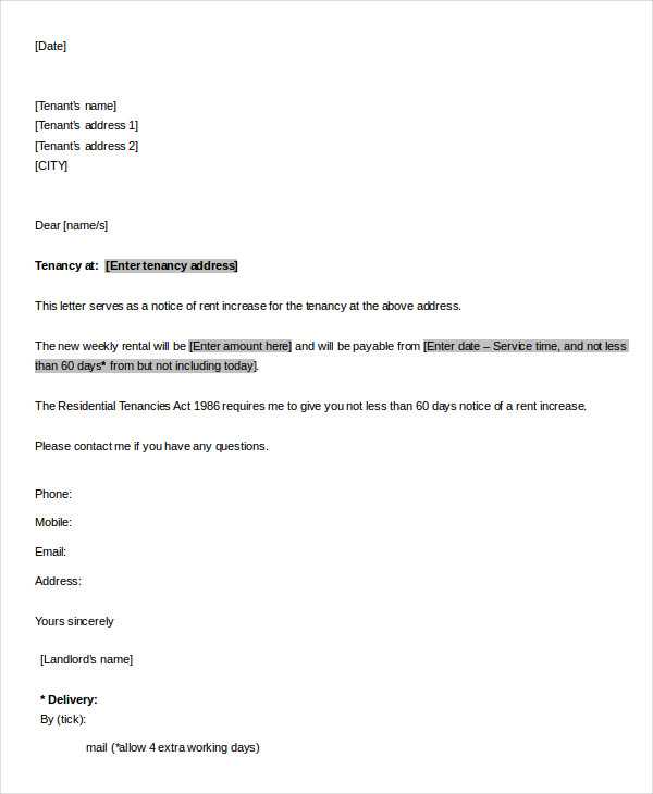 free printable rent increase letter template