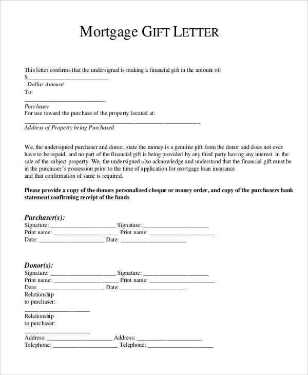 gift letter down payment template