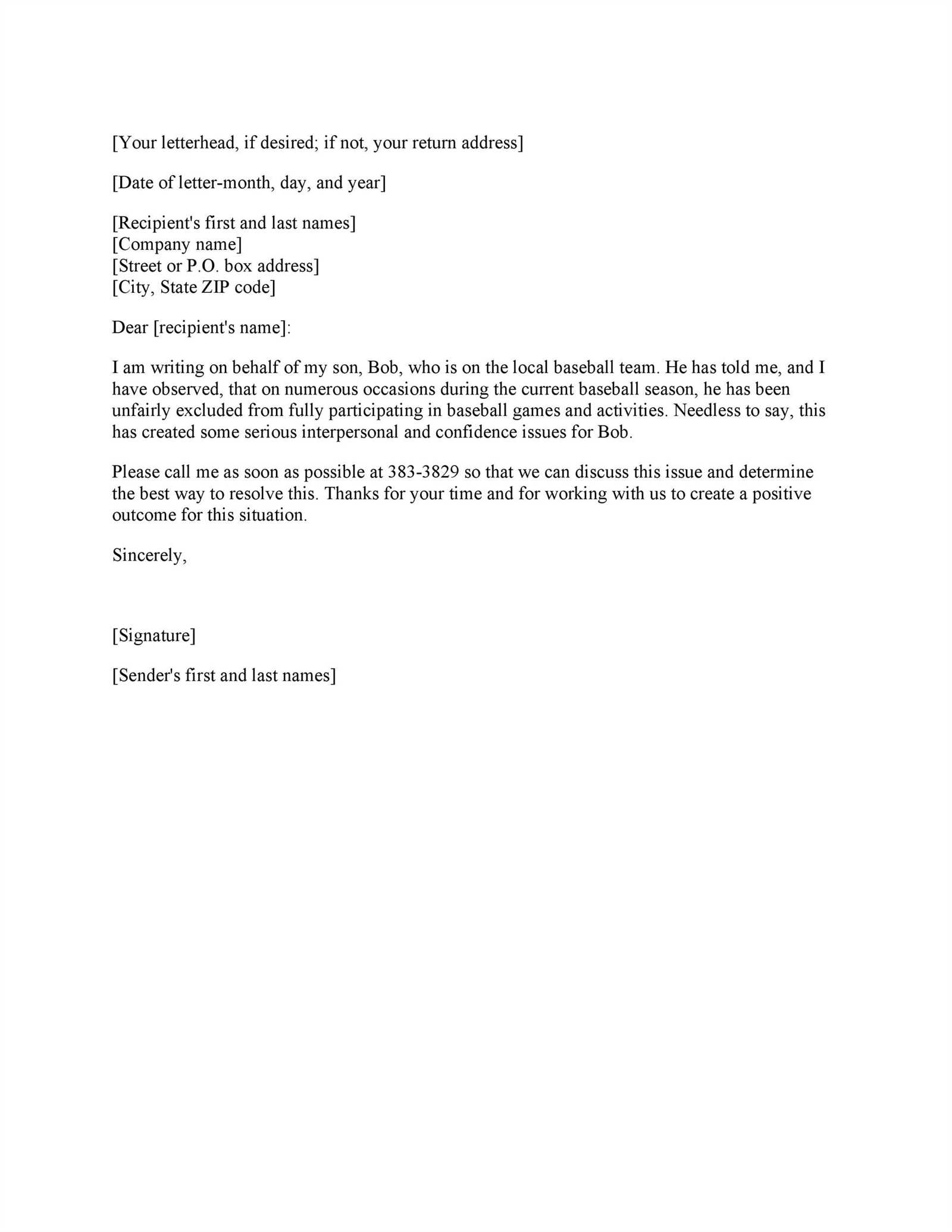 grievance letter for unfair treatment template