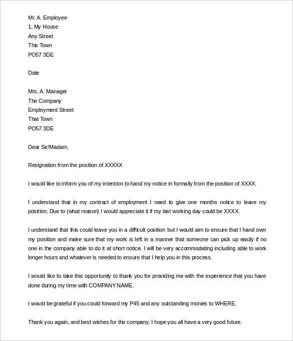 handing in notice letter template