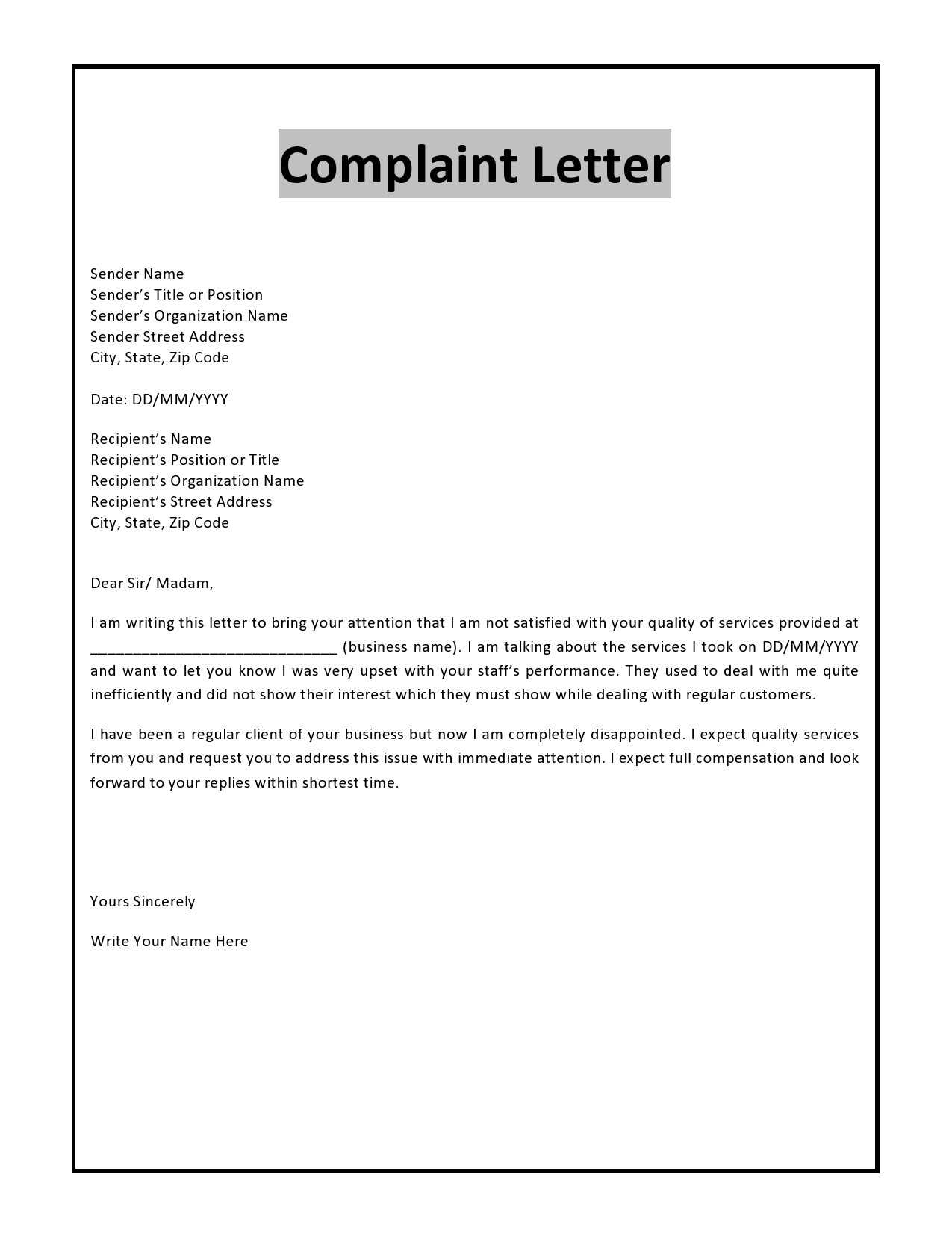 harassment complaint letter template