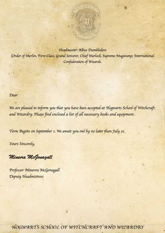 harry potter acceptance letter template free