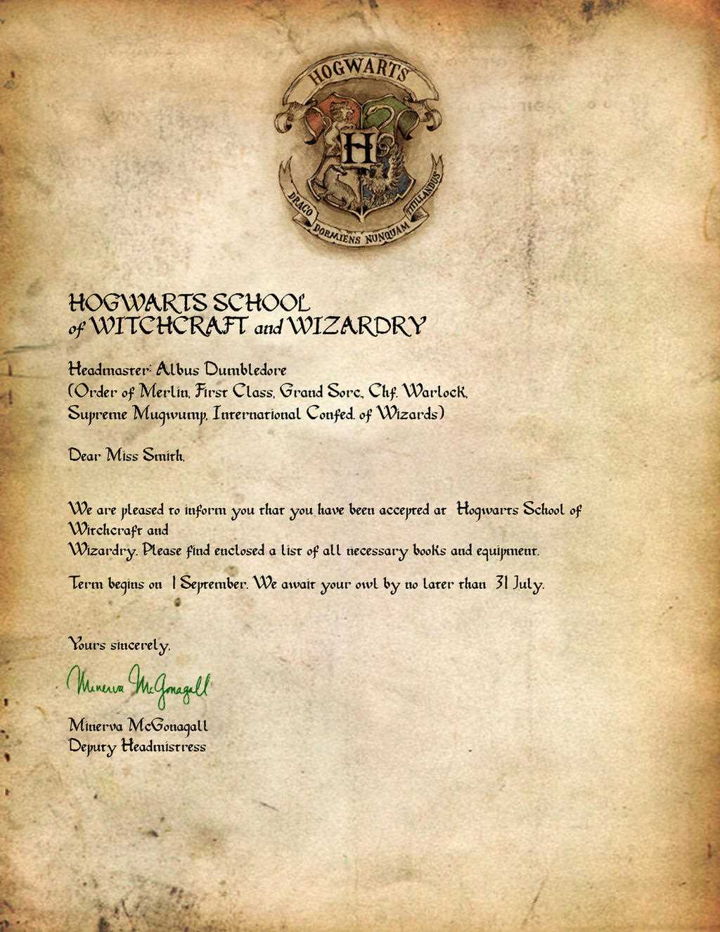 hogwarts letter template pdf