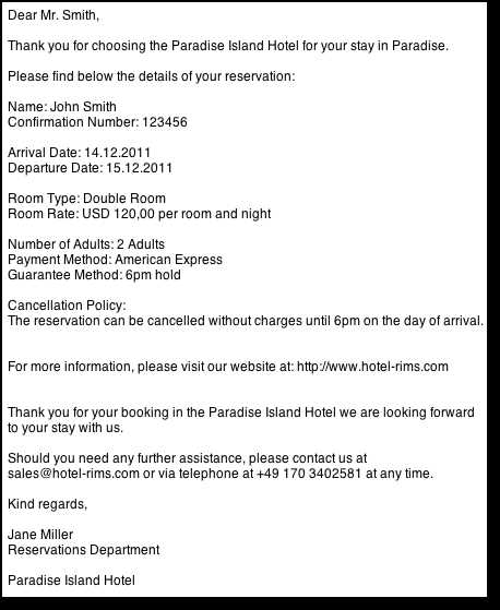 hotel booking confirmation letter template