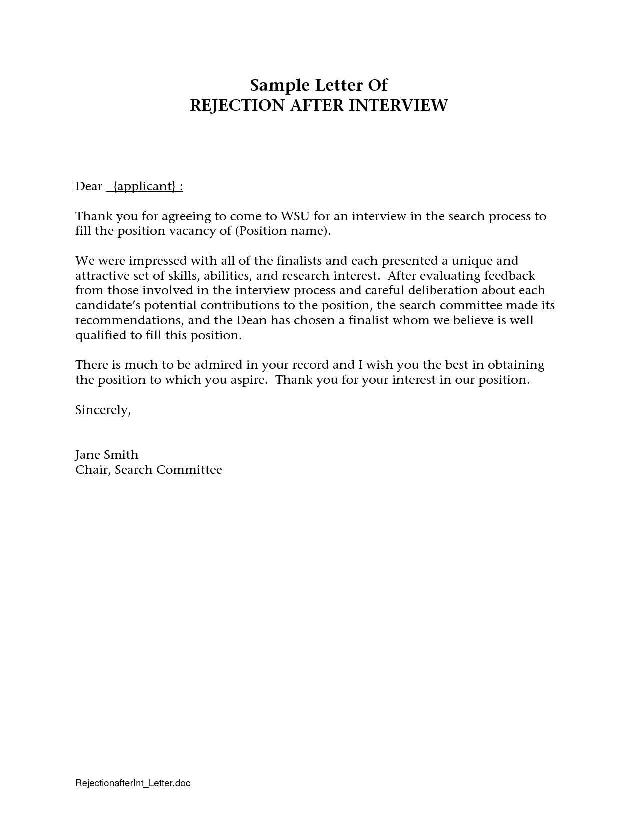 interview rejection letter template