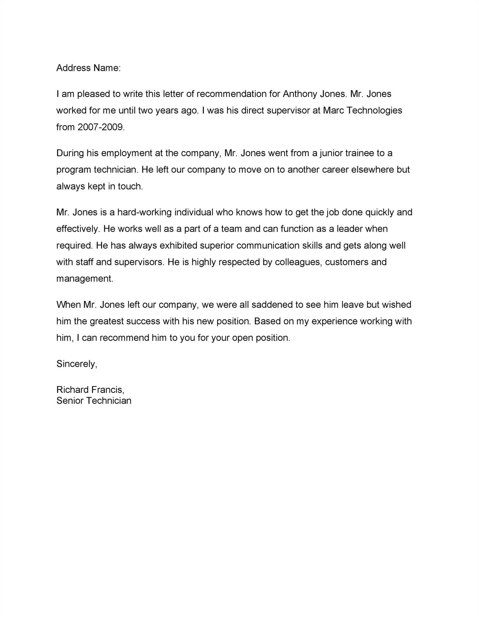 job recommendation letter template