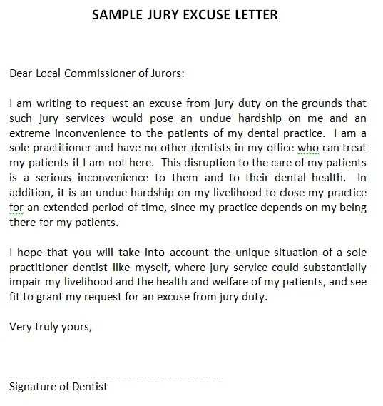 jury duty medical excuse letter template