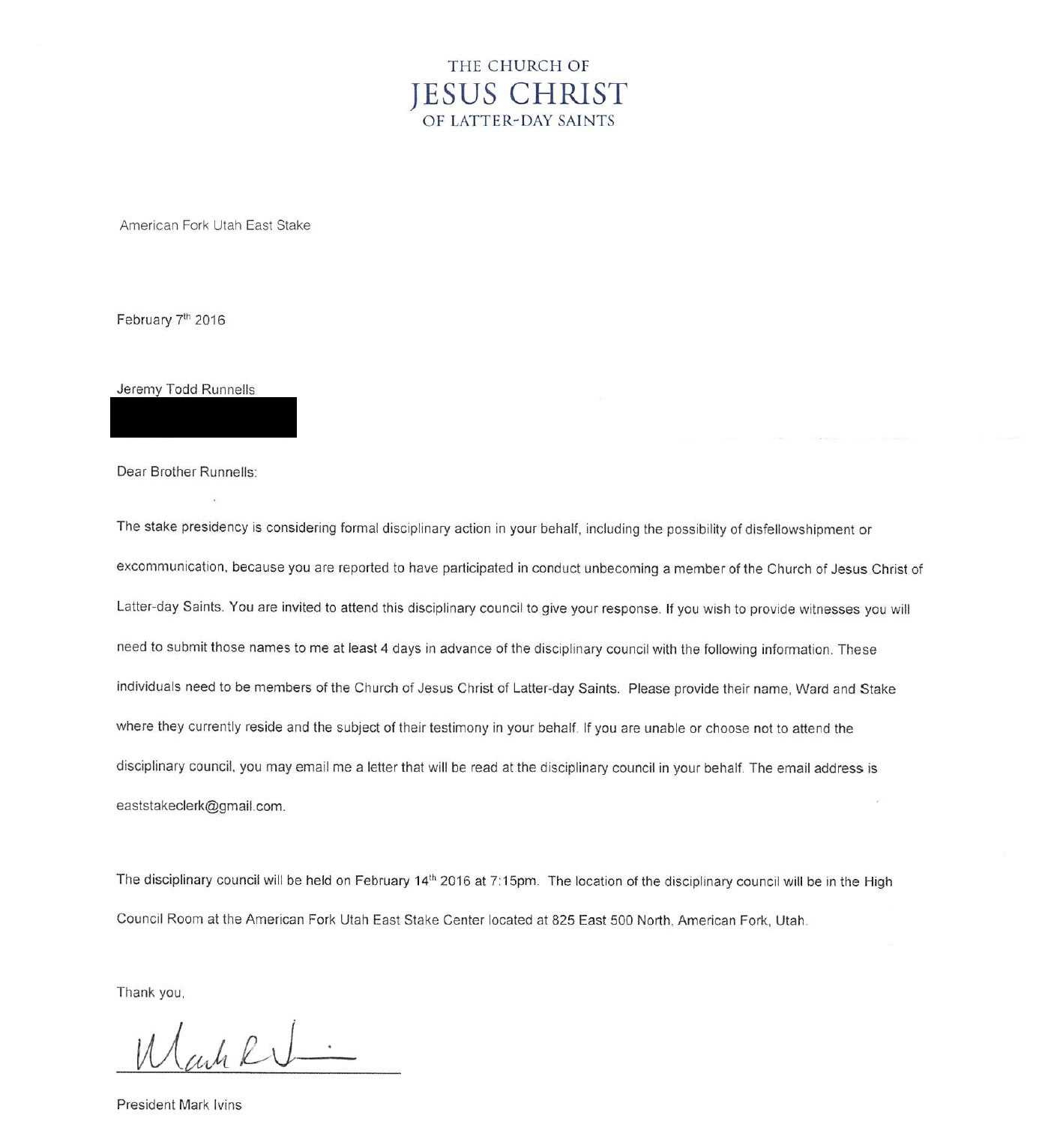 lds disciplinary council letter template