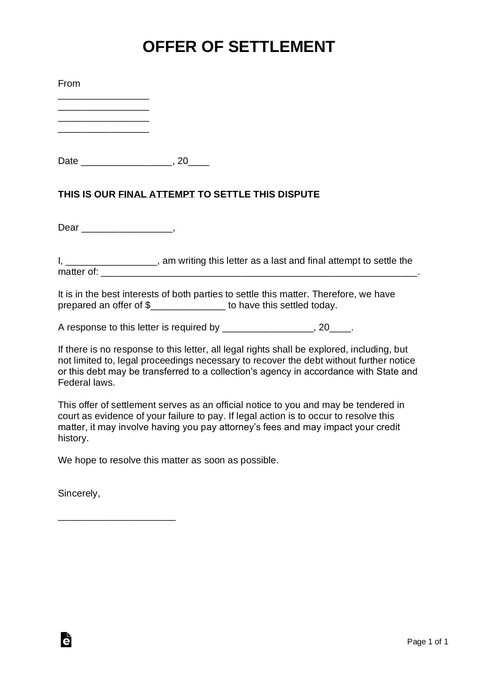 legal settlement letter template