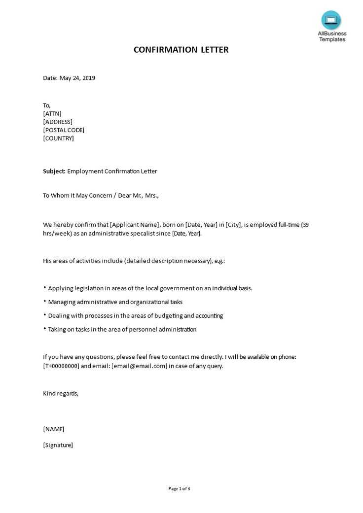 letter confirming employment free template