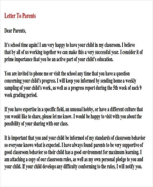 letter home to parents template