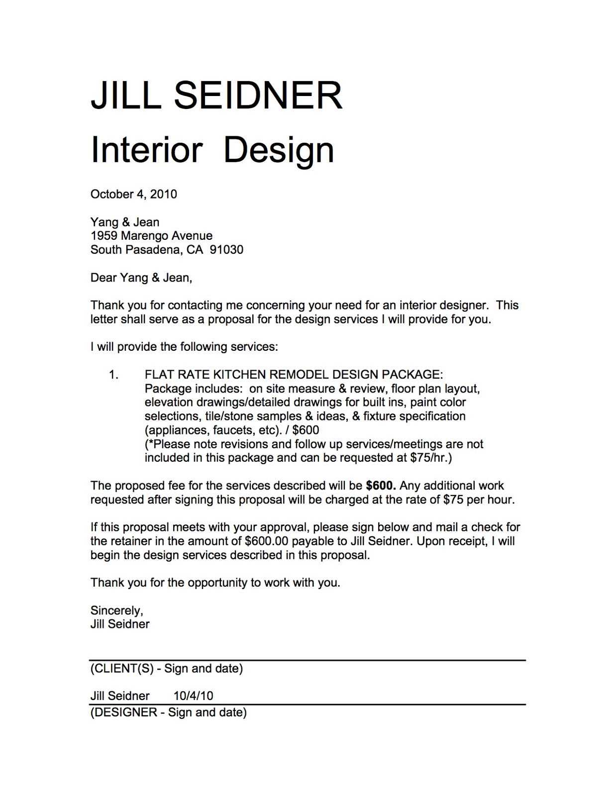 letter of agreement template interior design