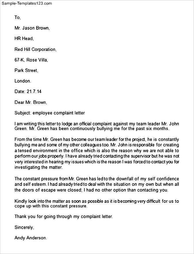 letter of complaint to bank template