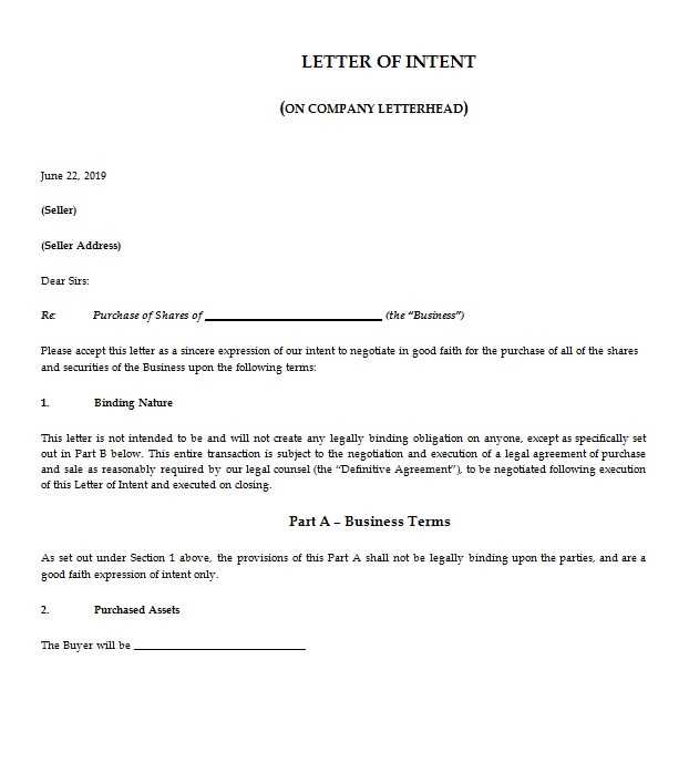 letter of intent for business cooperation template