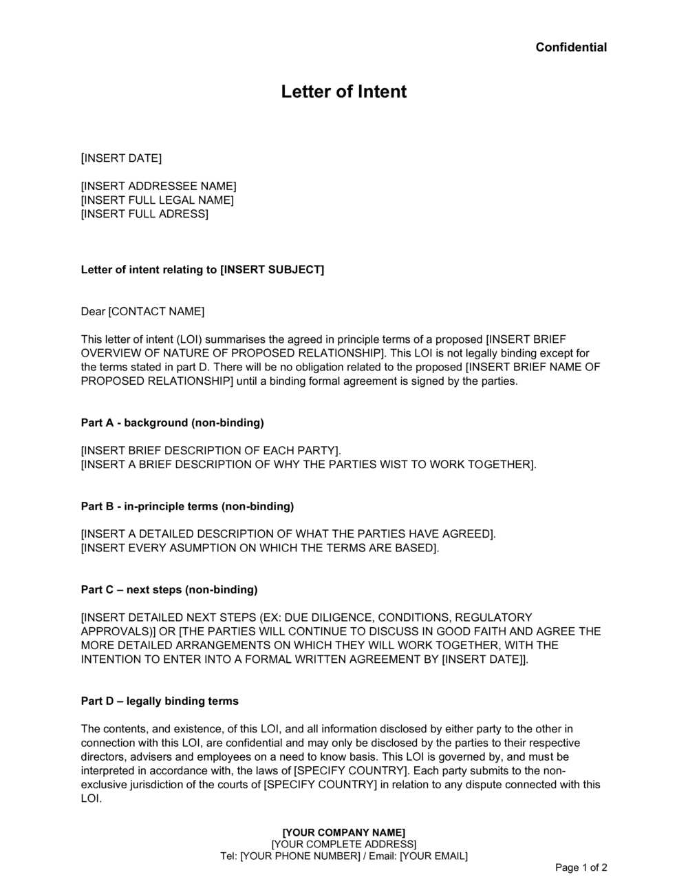 letter of intent for employment template