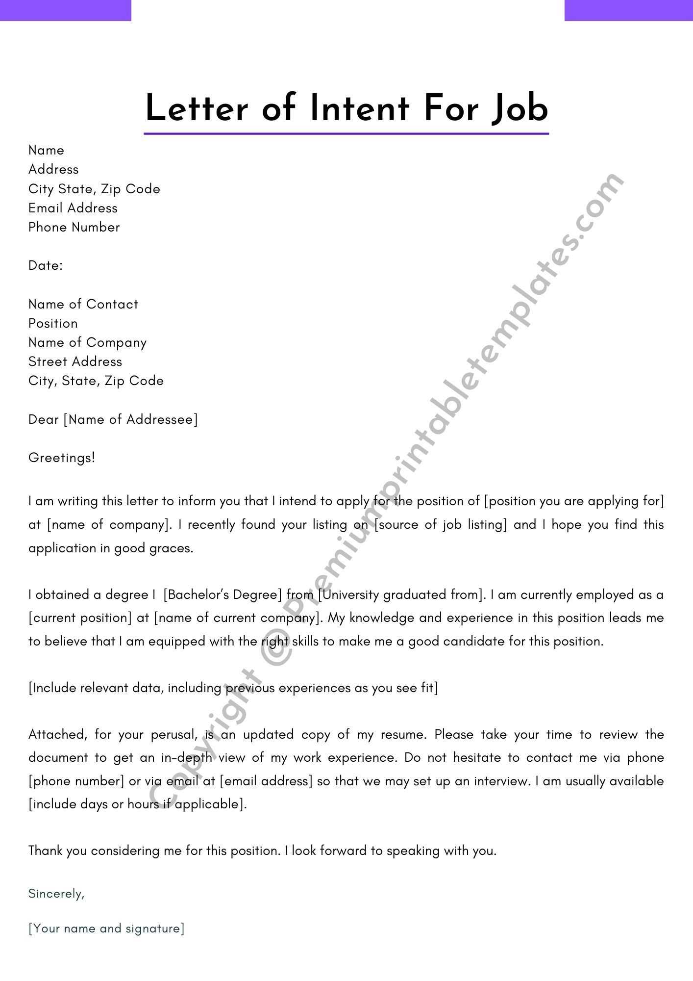 letter of intent for job template word