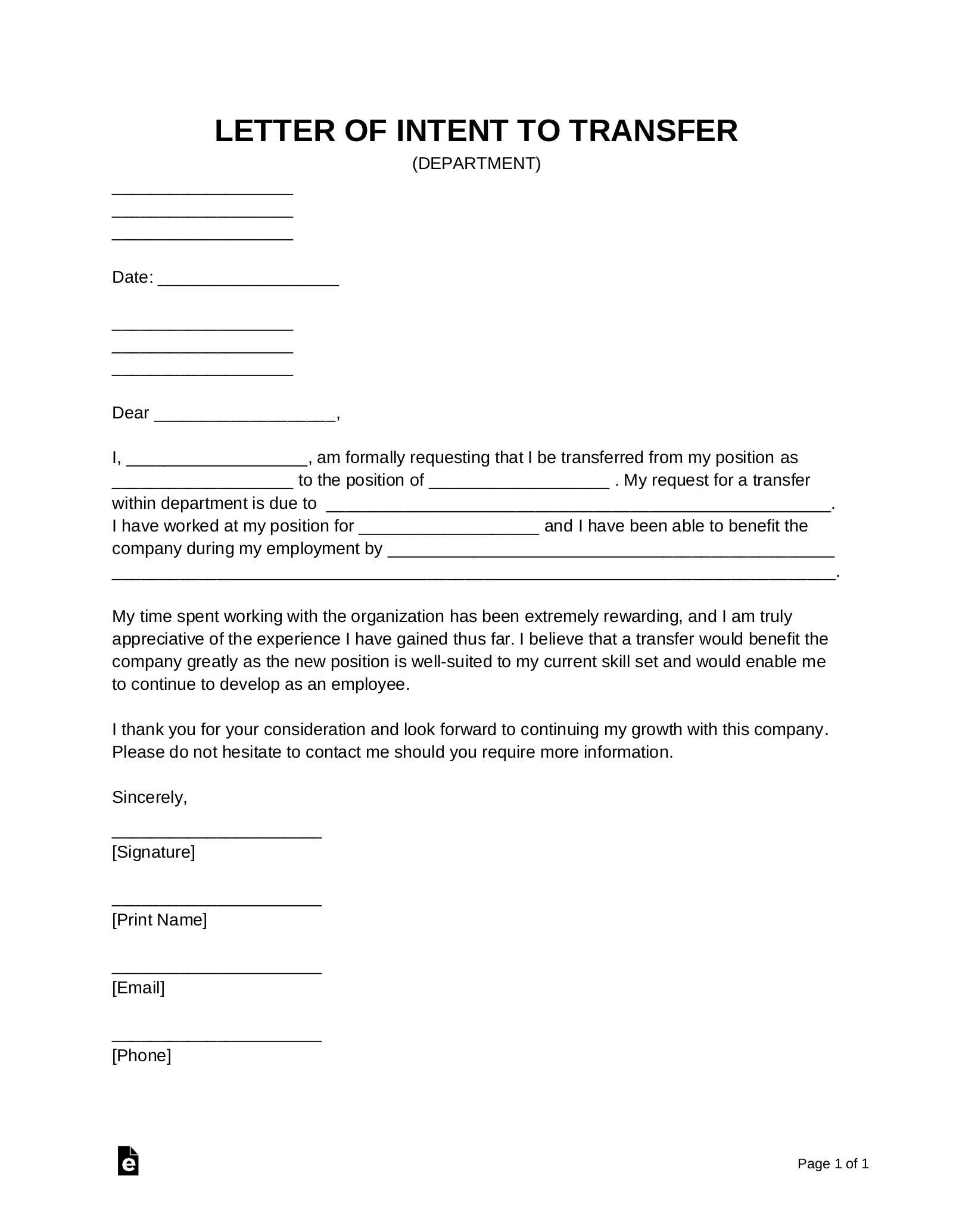 letter of intent job offer template