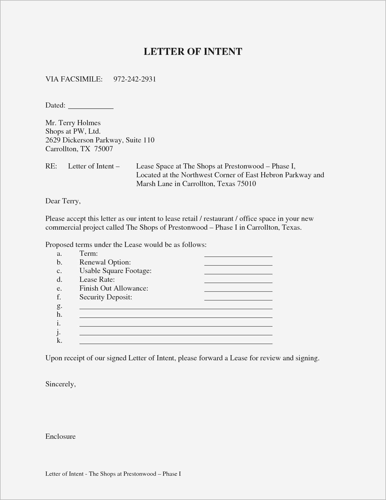 letter of intent template real estate lease