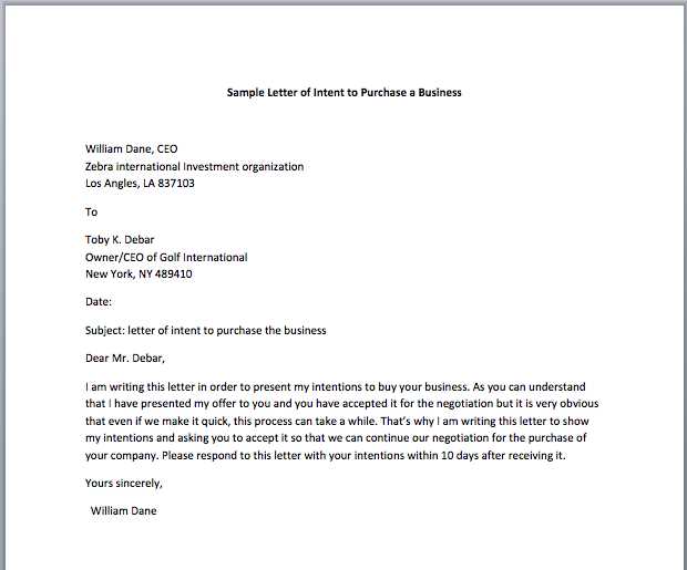 letter of intent to purchase business template