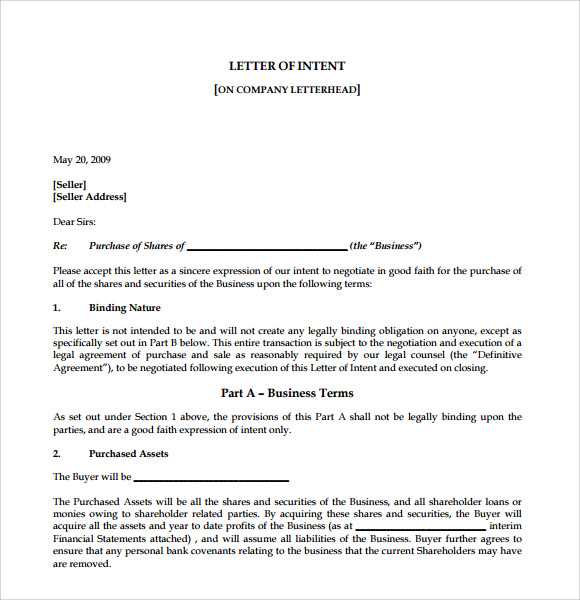 letter of intent to purchase business template