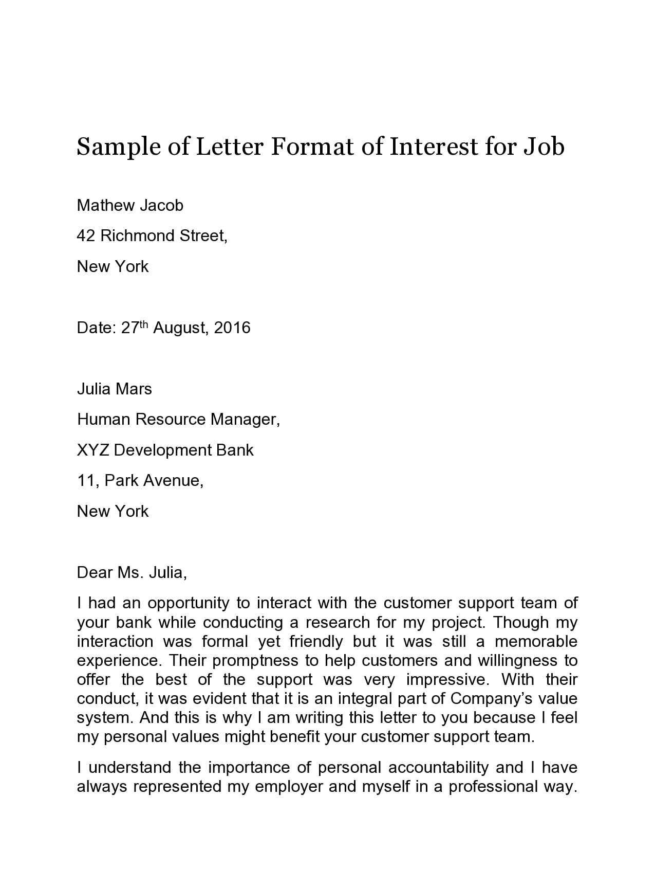 letter of interest template for a job