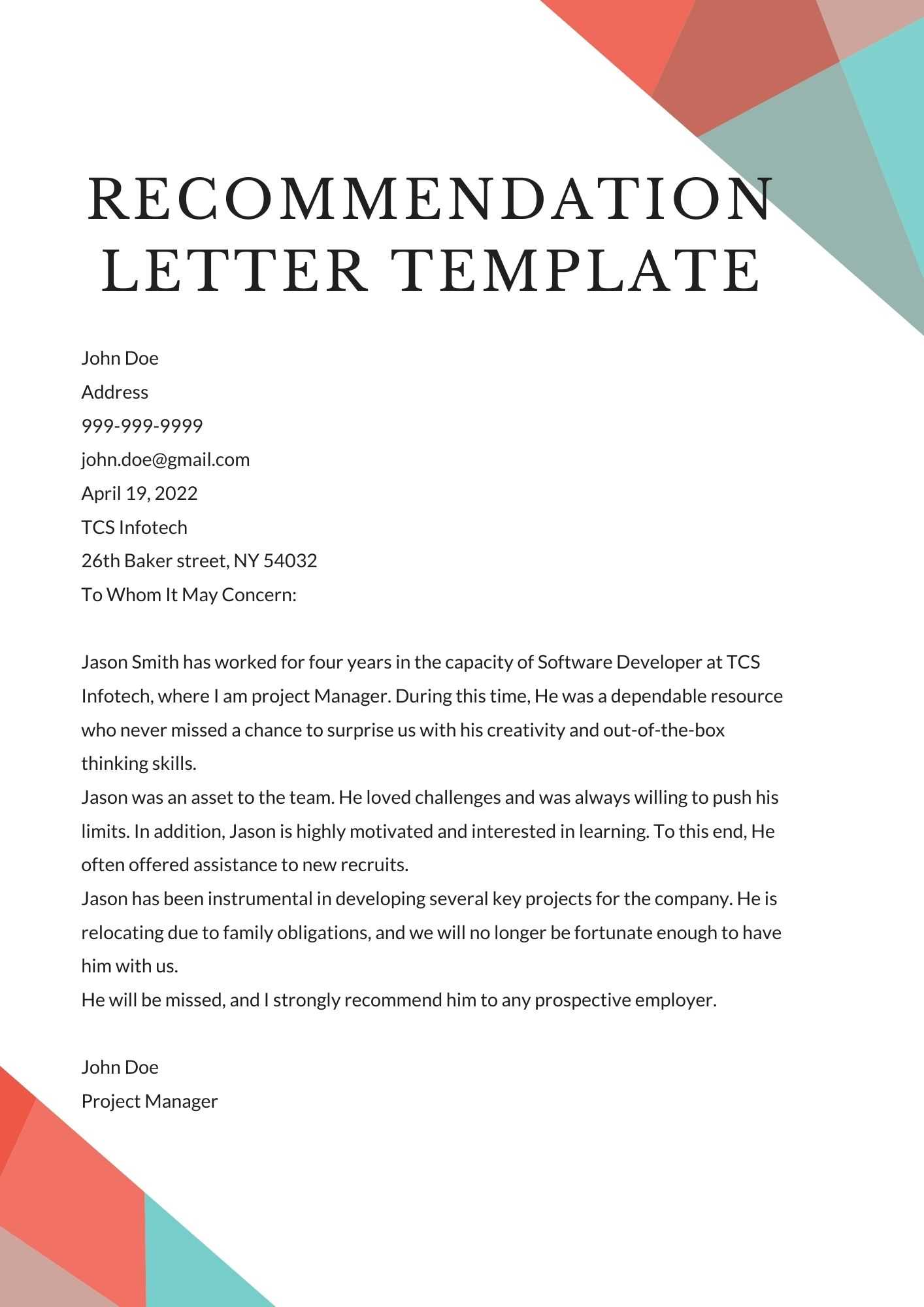 letter of reccommendation template