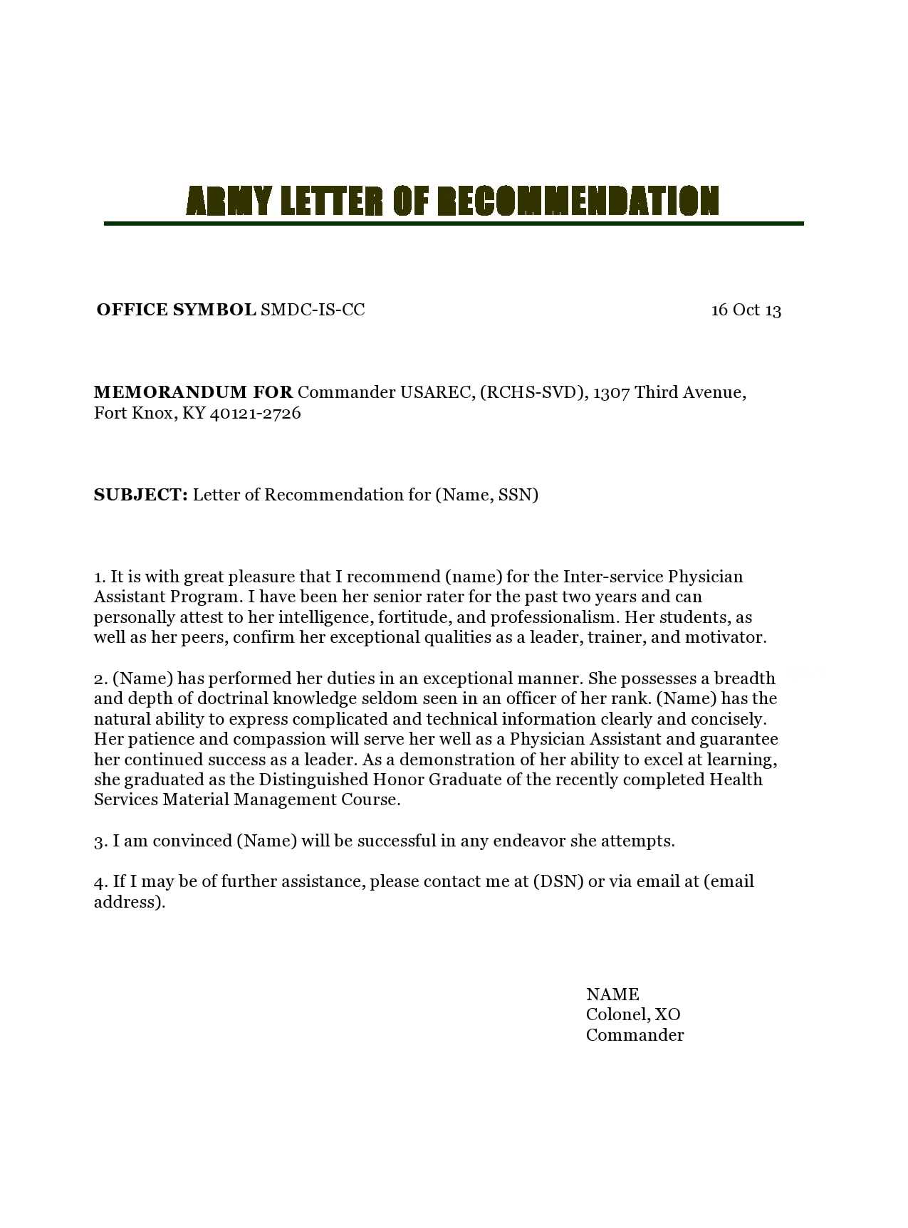 letter of recommendation army template