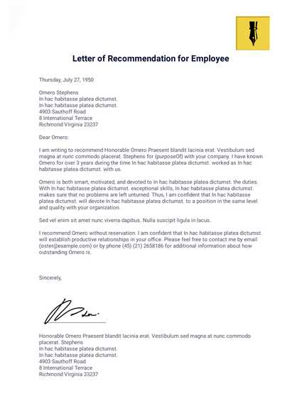 letter of recommendation employee template