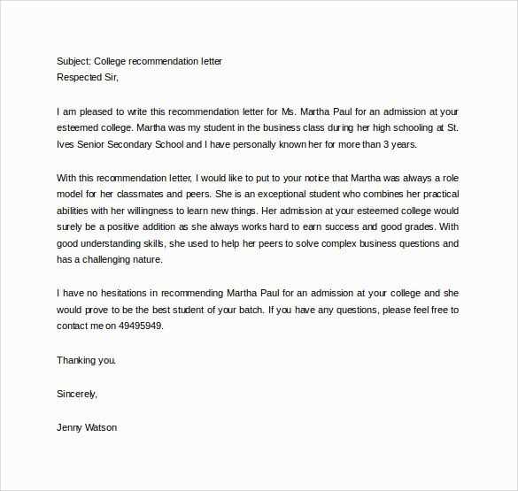 letter of recommendation free template