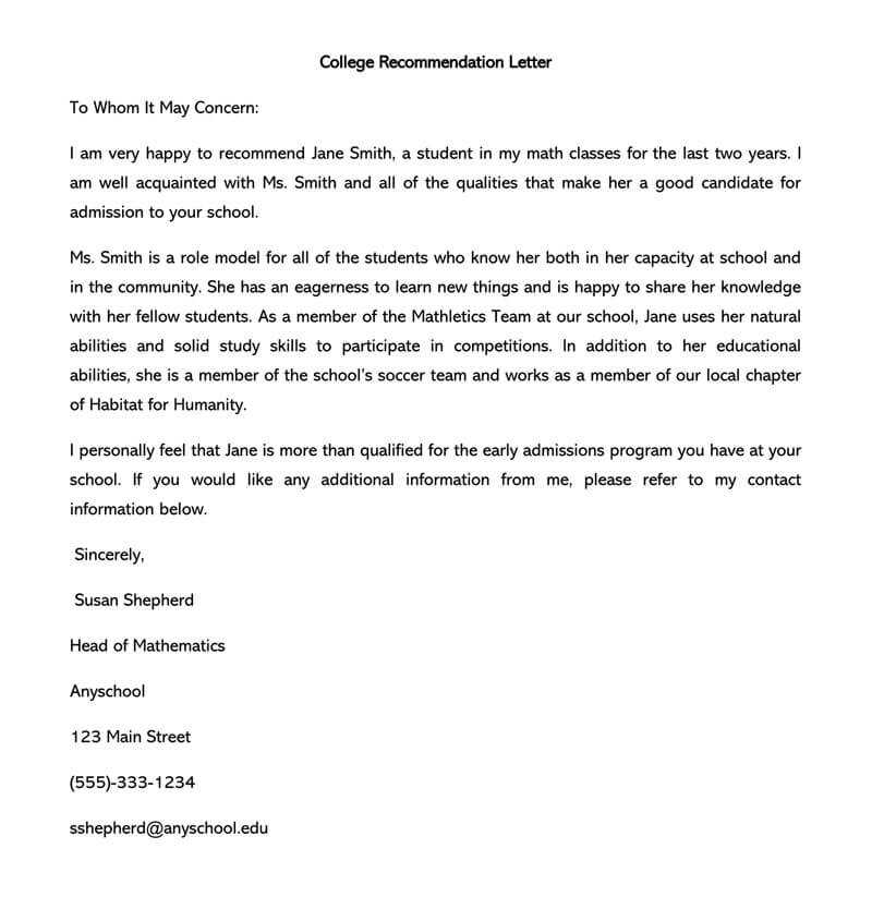 letter of recommendation template college