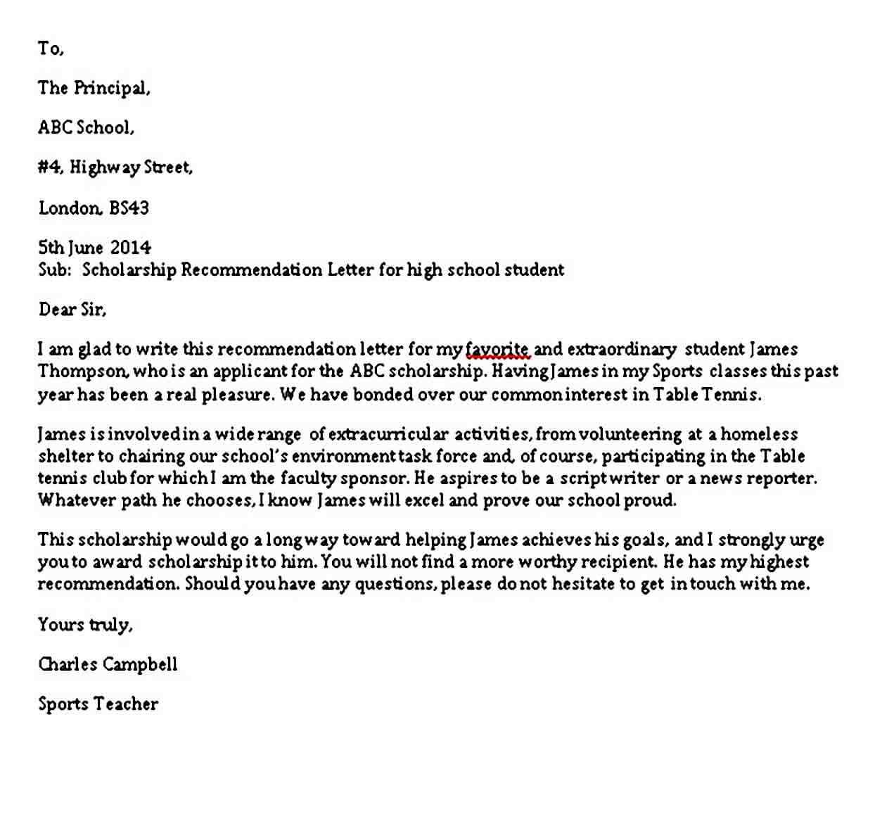 letter of recommendation template college