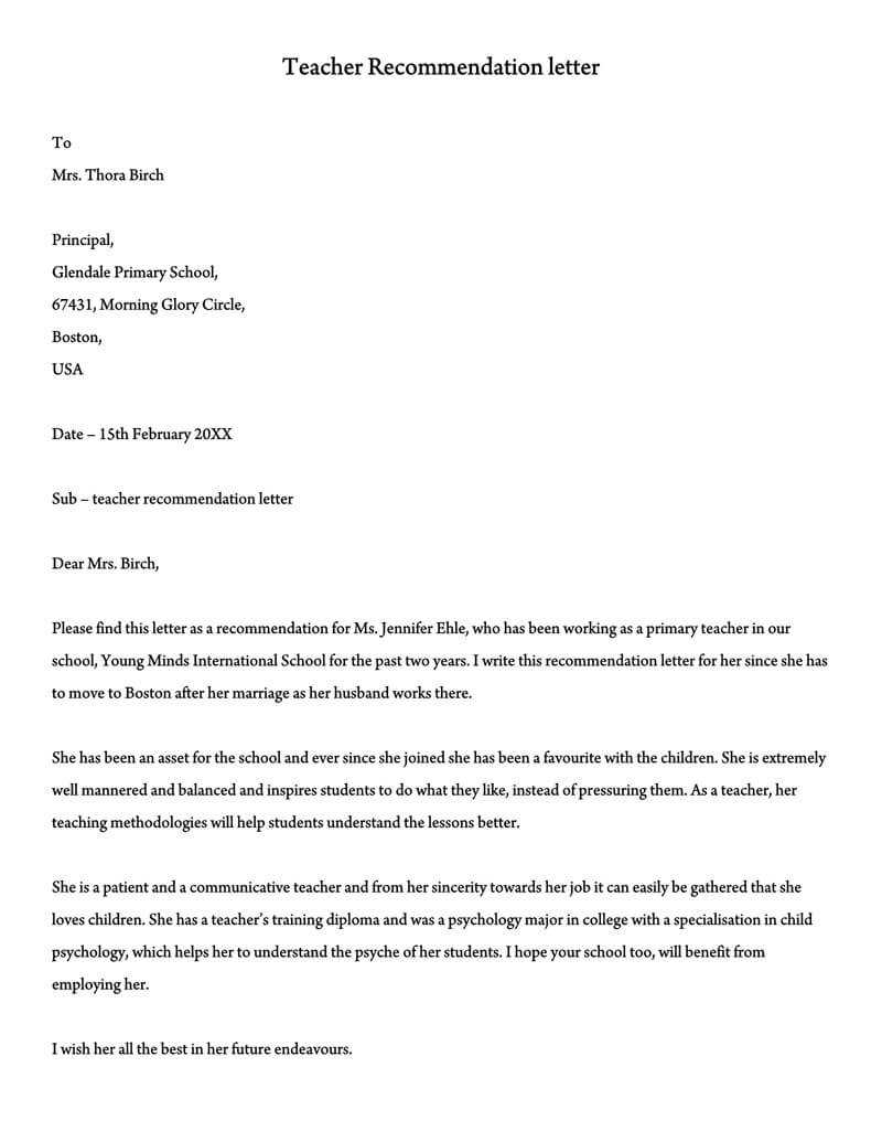 letter of recommendation template for student from teacher