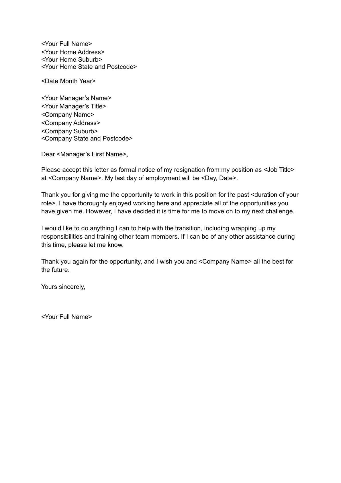 letter of resignation example template