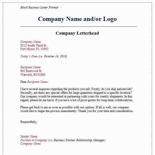 letter to a company template